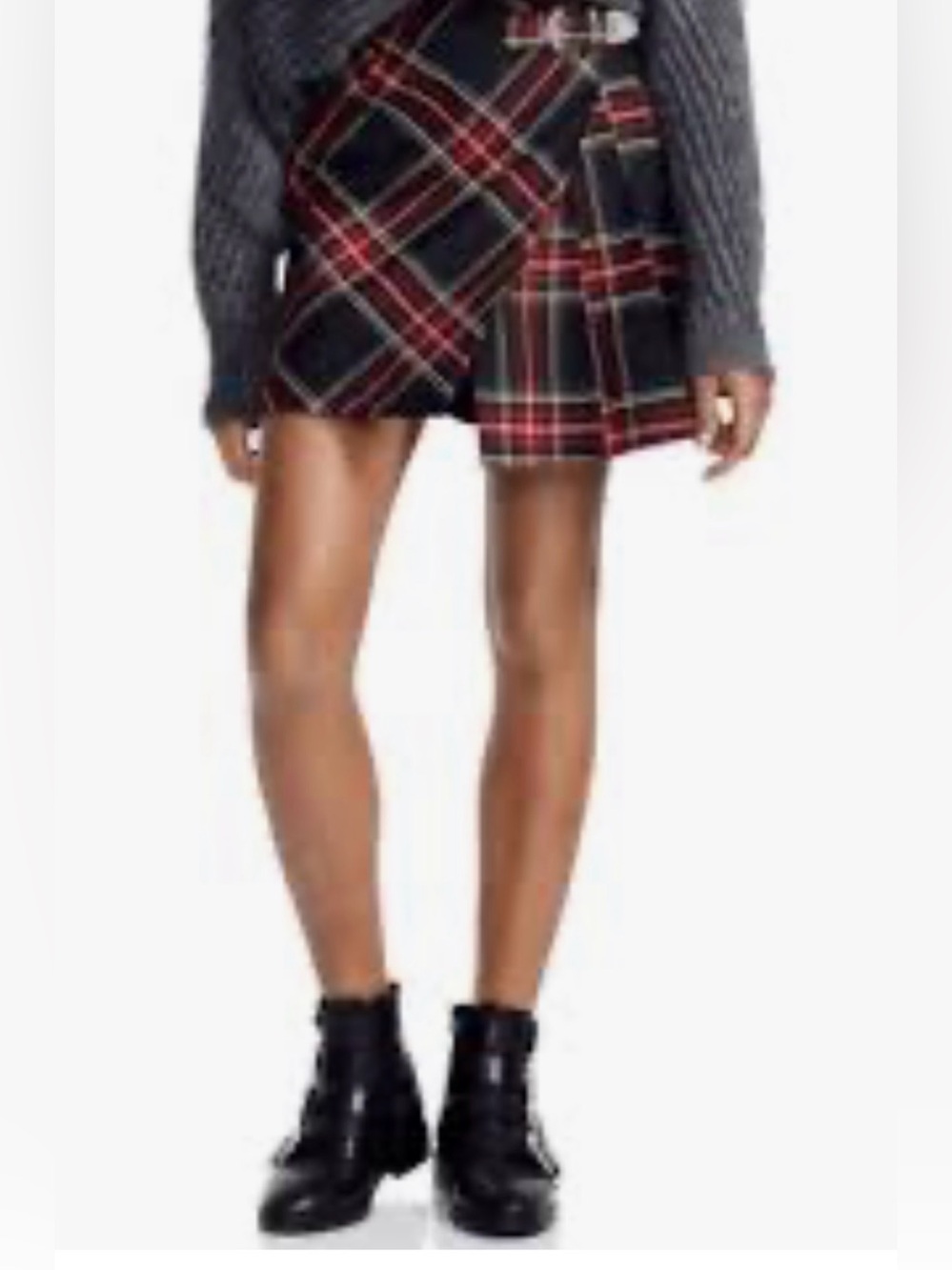 Maje Judie Navy Blue Kilt tartan Skirt with buckle detail